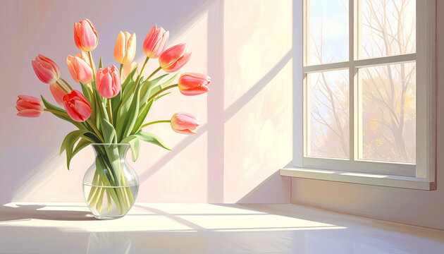 Pink and yellow tulips in a vase by a sunlit window