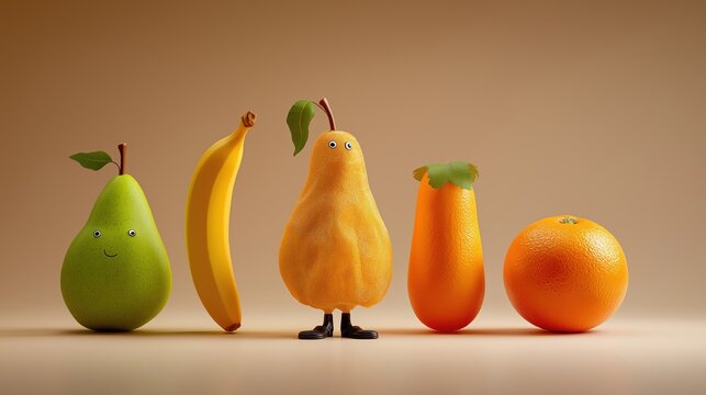 Pear choosing between different fruit costumes, creating a playful surreal metaphor for identity, self-expression, and personal choice.