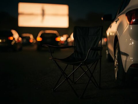 Vintage drive-in cinema night, outdoor movie theater experience with automotive leisure, recreational camping folding chair, nostalgia entertainment