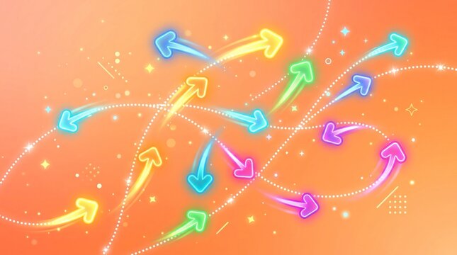 Glowing neon arrows pointing in multiple directions on an orange background, representing choices, paths, dynamic movement, and decision-making concepts.