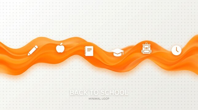 Back to school minimal banner featuring orange fluid wave and academic icons like pencil, notebook, graduation cap, backpack and clock on dotted background.