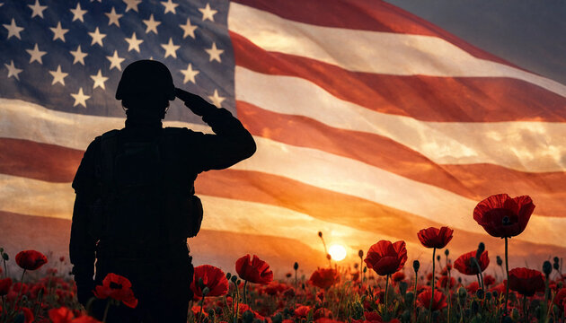 Soldier saluting in front of US flag. Military veteran honoring fallen heroes at sunset.