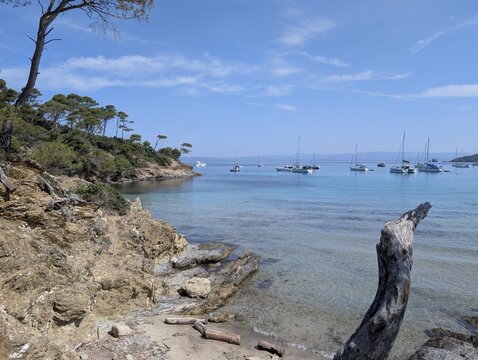 A rugged rocky shoreline with driftwood and clear water overlooking a bay with moored sailboats on the Giens Peninsula, Southern France.