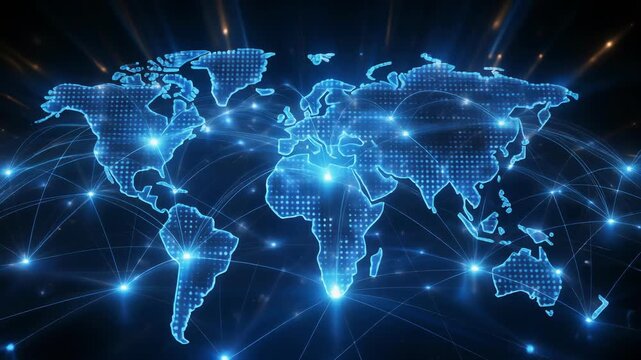Global network of interconnected blue lights spanning a digital world map, representing international connections and data flow