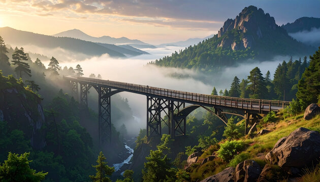 Scenic mountain bridge crossing a misty river valley at sunrise