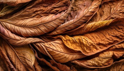 Obraz premium photorealistic macro of dried cured tobacco leaves curled in warm brown and tan tones forming a full frame organic surface texture for backgrounds and rustic design projects