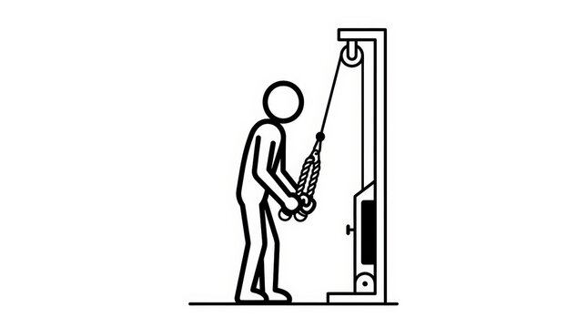 Minimalist gym icon of man performing triceps pushdown, fitness stick figure using cable machine, strength training exercise illustration for workout guides