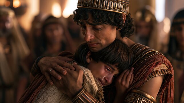Joseph embracing Benjamin with tears during an emotional reunion between brothers in Egypt.