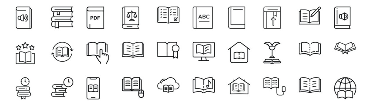 Education knowledge outline symbols set with book library, pdf literature, holy bible, audio study, digital research & more vector illustration with editable stroke.