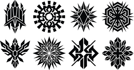 Obraz premium Abstract Geometric Emblem Silhouette Collection with Crystal Shapes Tech Symbols and Decorative Crest Designs