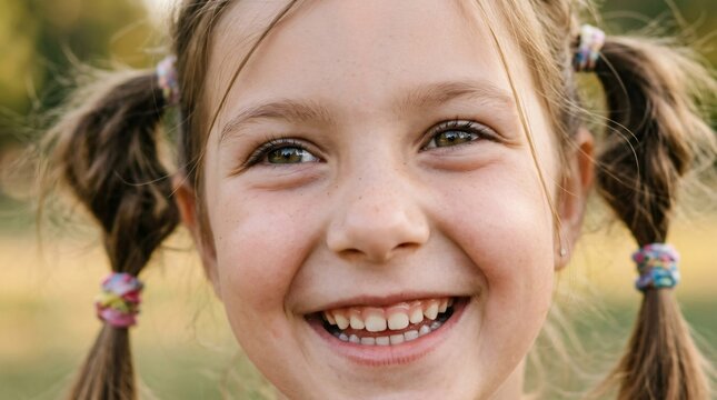 Cheerful young schoolgirl with pigtails smiling outdoors, happy elementary student, back to school portrait, childhood joy, outdoor lifestyle.