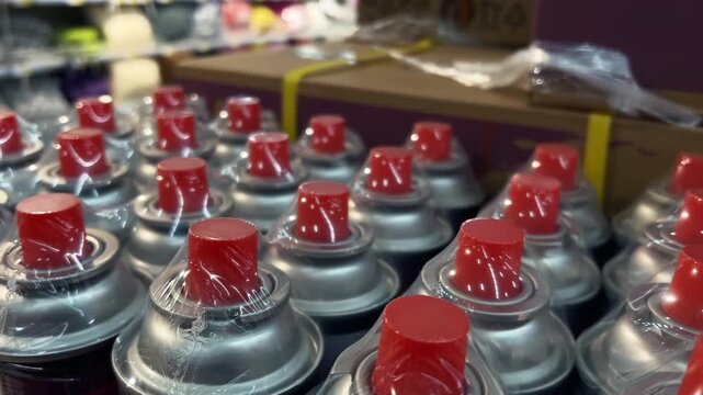 Close-Up View: Butane Gas Canisters Wrapped in Plastic on Store Shelf | Portable Camping Stove Fuel Cartridges in Retail Display | Macro Shot