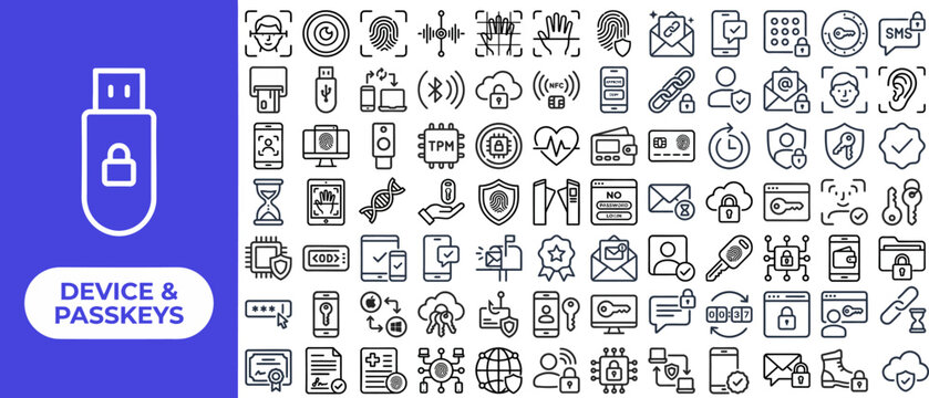 Device security and passkey outline icon set with fingerprint, face scan, usb key, encrypted cloud, and two factor symbols. Editable vector icons for cybersecurity and login.