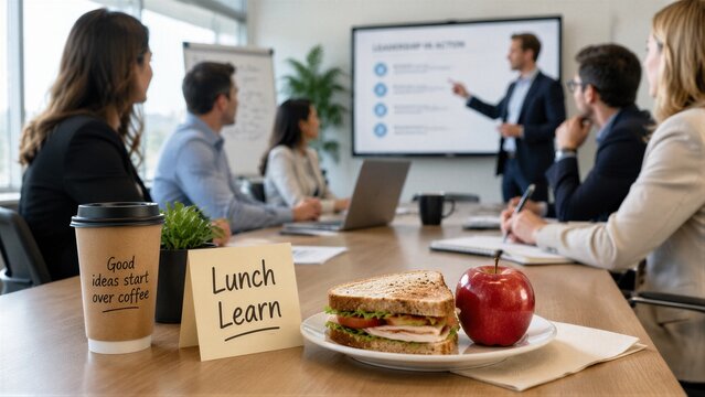 Sandwich and coffee on table during office lunch learning session