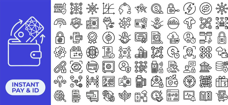 Instant payment and digital identity outline icon set with mobile wallet, contactless terminal, biometric verify, currency exchange, and secure transfer symbols. Editable vector icons for fintech.