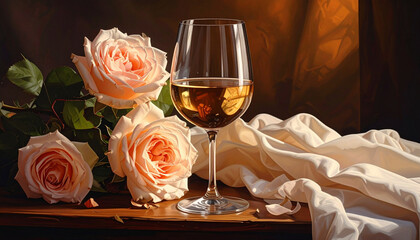 Still life of peach roses and white wine in a glass