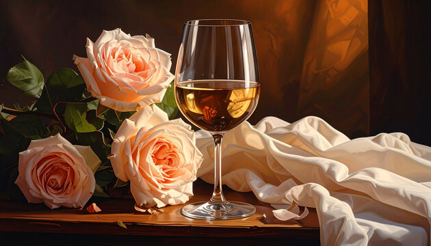 Still life of peach roses and white wine in a glass