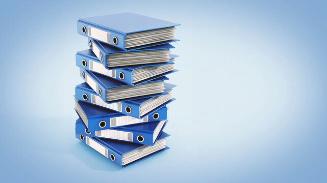 Multi colored folders stack isolated on blue background. 3D illustration