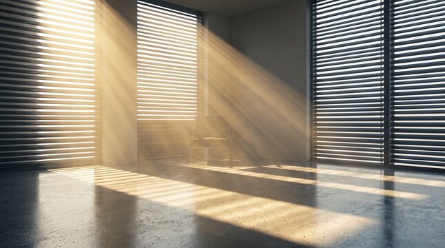 Dramatic Sun Rays Shining Through Window Blinds in Dark Room