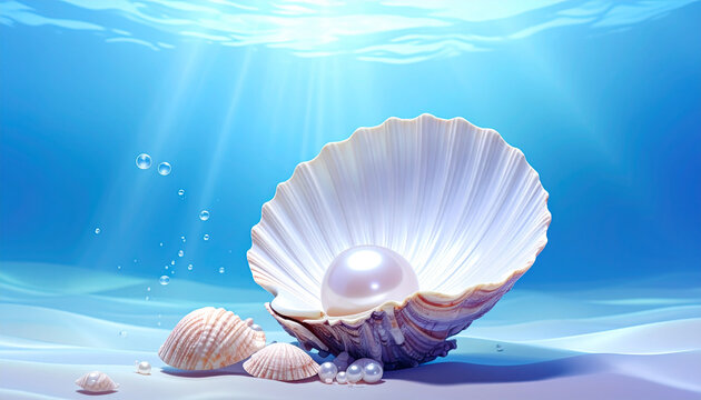 Elegant Pearl in Open Seashell Underwater with Sunbeams and Bubbles