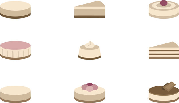 Minimalist flat vector collection of various creamy cheesecakes and slices for bakery menu design elements