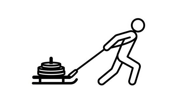 Minimalist fitness icon of man pulling weighted sled, line art stick figure doing strength training, gym workout illustration for athletic performance