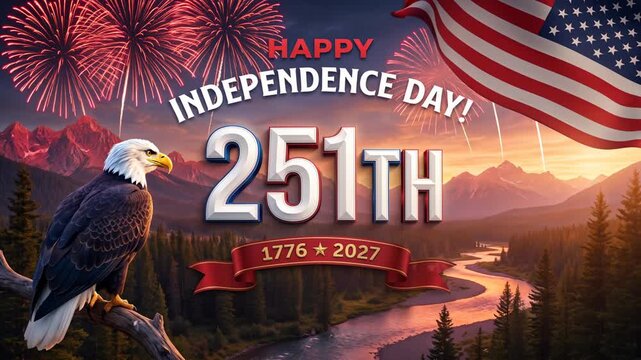 Festive fireworks with a bald eagle and american flag celebrating the usa 251th independence day