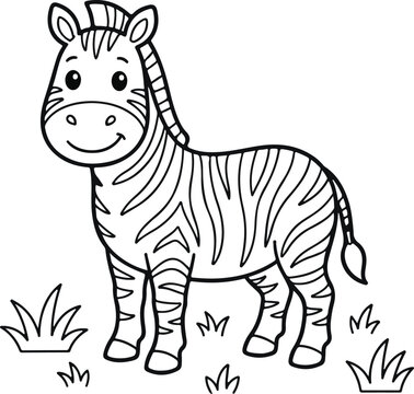 Friendly little zebra standing in grass field cartoon illustration