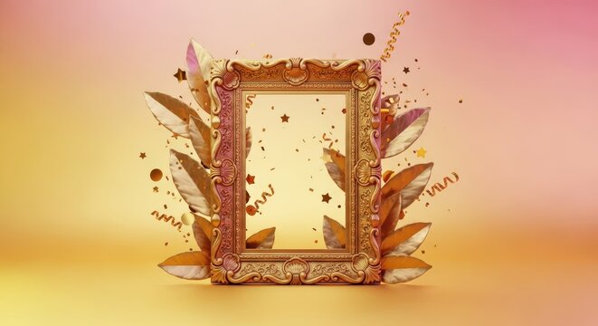 A golden ornate picture frame stands surrounded by shimmering laurel leaves and sparkling gold confetti on a bright celebratory background, accomplishment, royal, pride