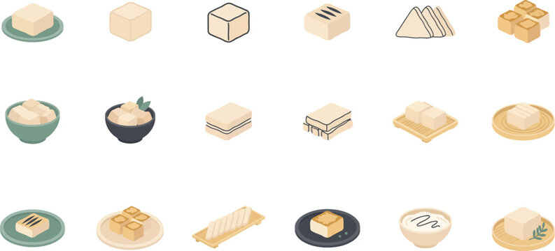 Minimalist flat vector tofu icons showing various cubes, blocks, and serving dishes for healthy food menu design