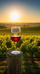 Obraz premium Lush green vineyards stretching into the horizon under a warm golden sunset with a crystal glass of red wine resting on a rustic wooden post, outdoors, plant, rustic