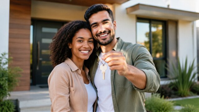 Young couple holding keys outside in front of house