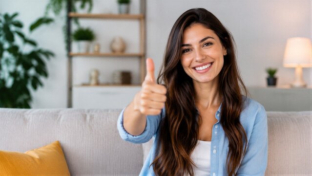Young woman giving thumbs up while seated in living room