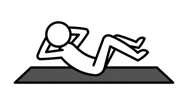 Stick figure doing sit-ups on a gym mat, minimalist fitness icon of a person exercising, simple line art of abdominal crunches workout