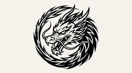 Obraz premium Circular dragon head logo emblem with intricate scales and fantasy details.