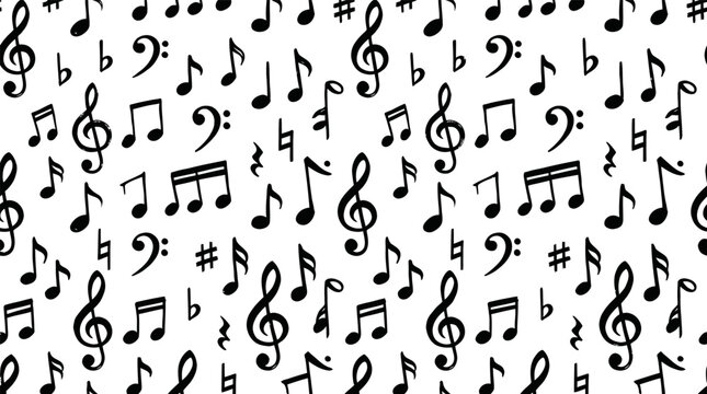 Black music notes and symbols seamless repeating pattern on white.