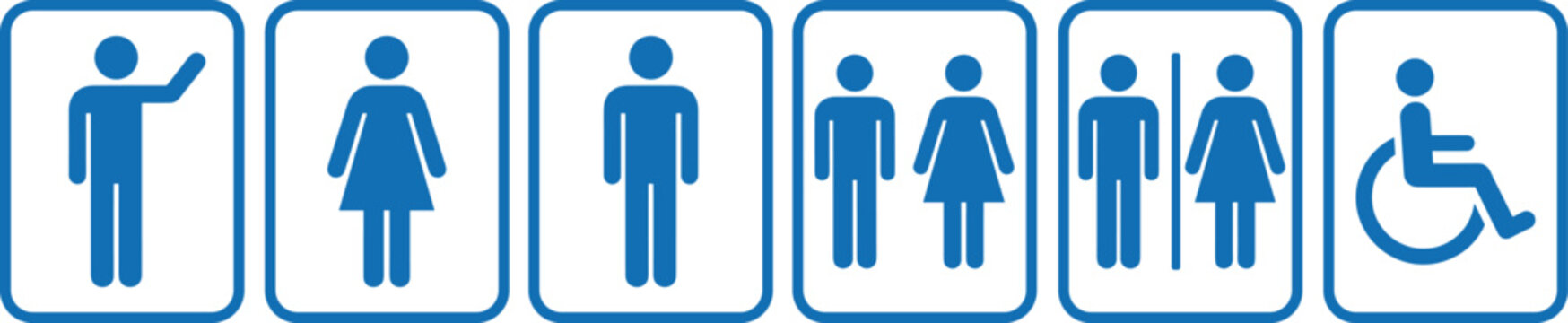 Public restroom sign vector icon set featuring male female unisex gender neutral symbols and handicap wheelchair accessible icons for navigation signage.