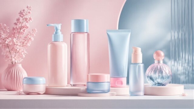 Cosmetic bottles arranged on pastel vanity display