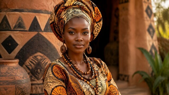 Woman wearing traditional head wrap and beaded jewelry in village