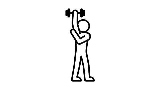 Minimalist stick figure lifting dumbbell, overhead triceps extension exercise icon, black and white fitness line art for gym workout guides