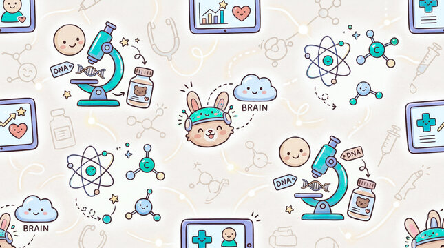 A cute seamless pattern background featuring a cartoon bunny wearing a tech headset microscopes atoms medicine bottles and medical monitors in a futuristic pediatric science concept