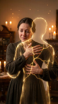 Woman crying and embracing glowing golden silhouette of human shape. Loss and survivor grief concept. Mourning experience in vintage room setting with candle light background atmosphere