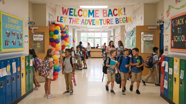 Back to school, a vibrant elementary school hallway featuring colorful lockers and a welcome back bulletin banner