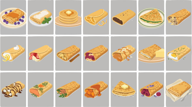 Set of delicious crepe and pancake illustrations featuring various sweet and savory toppings for menu design