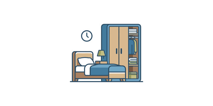 Flat design vector illustration of a cozy bedroom interior with bed and wardrobe.