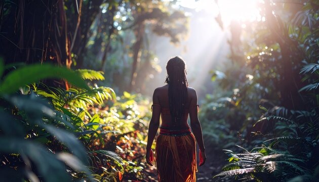 Indigenous person walking through sunlit tropical forest path