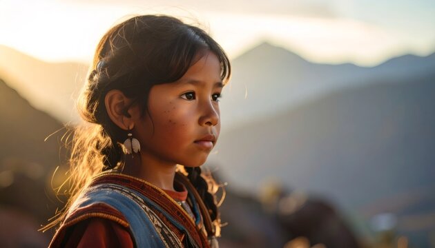 Indigenous girl looking at sunset in mountains