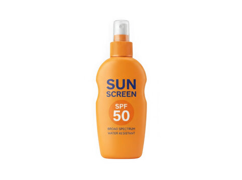Orange plastic bottle of sunscreen spray with spf 50 protection for summer skin care