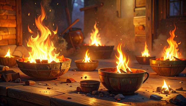Multiple burning braziers with vibrant flames in an old workshop