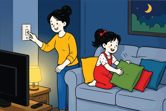 Mother and daughter turning on light in living room at night